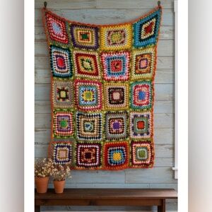 OOAK Vintage multicolored hand crocheted large granny square blanket 57”x 68”